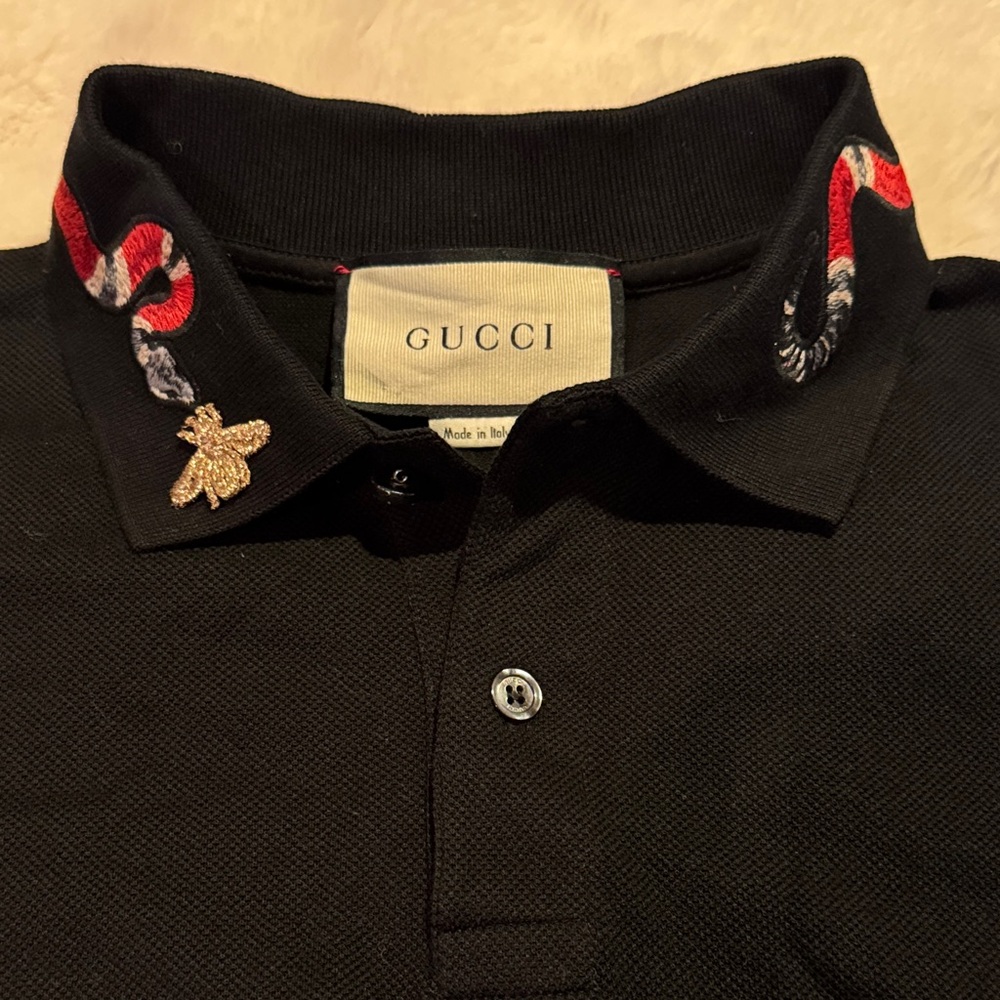 Gucci Black Polo with Red & White Snake Collar and Gold Bee Patch